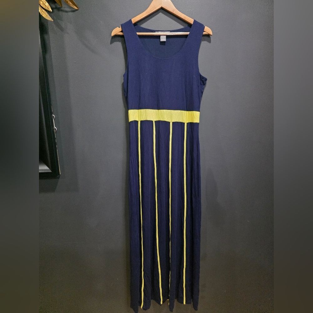 Kate & Mallory Womens Maxi Dress Size L Blue Yellow Trim Knit Sleeveless Viscose